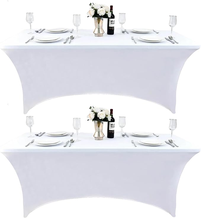 2-Pack 4ft White Spandex Table Covers for Rectangular Folding Tables - Wrinkle Resistant Stretch Tight Table Cloths - Ultimate Fitted Table Protector for Parties, Banquet, and Wedding