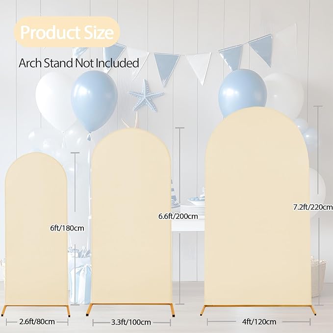 WEERRW Wedding Arch Cover Beige Spandex Fitted Set of 3 Balloon Arch Stand Covers Round Top Chiara Stretchy Backdrop for Birthday Party Baby Shower Banquet Decoration (6FT, 6.6FT, 7.2FT)