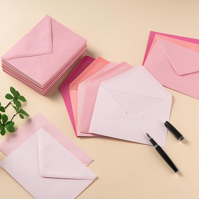 50 Pack Colored A7 Invitation Envelopes 5x7 with Gold Stickers for Cards and Invitations, 5 Colors (Pink, 5 1/4 x 7 1/4 inches)