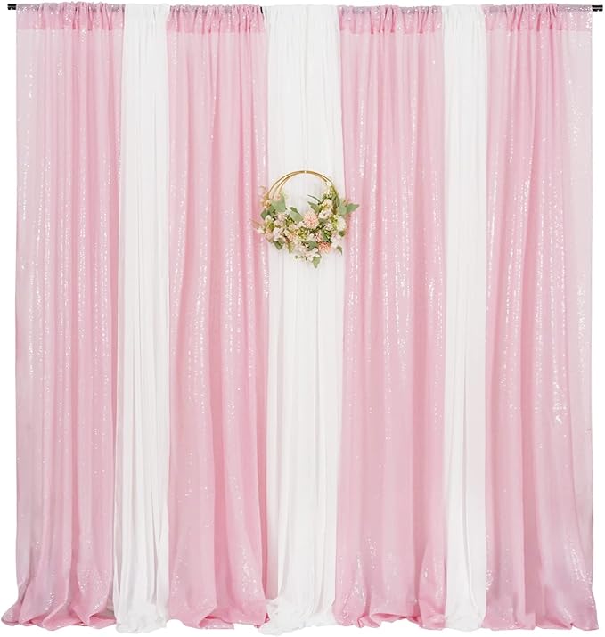 Poise3EHome 2Pcs 2Ft x 8Ft Pink Sequin Backdrop Curtains, Glitter Photography Background, Sequence Xmas Thanksgiving Backdrop