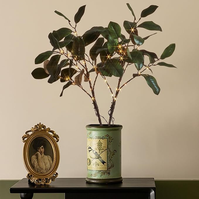 Fudios Magnolia Branches Lights with Timer 32IN 60 LED Battery Operated or USB Plug in Artificial Greenery Magnolia Stems for Spring Decor