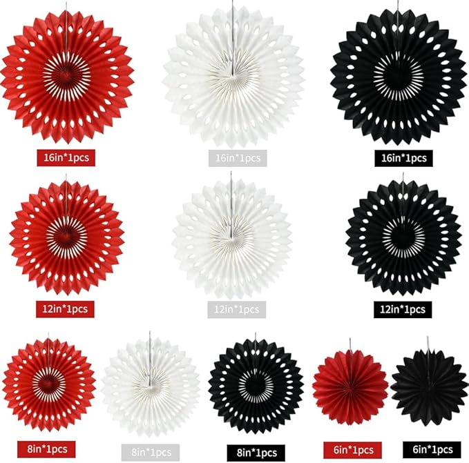 BEISHIDA Red Black White Hanging Honeycomb Round Paper Fans Decoration Tissue Paper Fan Garland for Birthday Christmas Wedding Party Supplies（11packs）