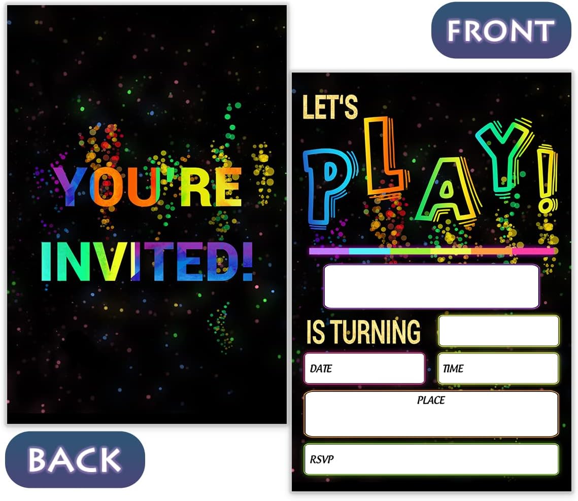Glow Let's Play Birthday Party Invitations For Boys Girls, Neon Party Invites For Kids, Double Sided Design(20 Cards + Envelopes)
