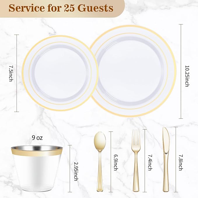 BESTVIP 150PCS Plastic Dinnerware Set (25 Guests), Gold Disposable Plates for Party, Wedding, Christmas, Anniversary, Includes: Dinner Plates, Dessert Plates, Cups, Spoons, Forks and Knives