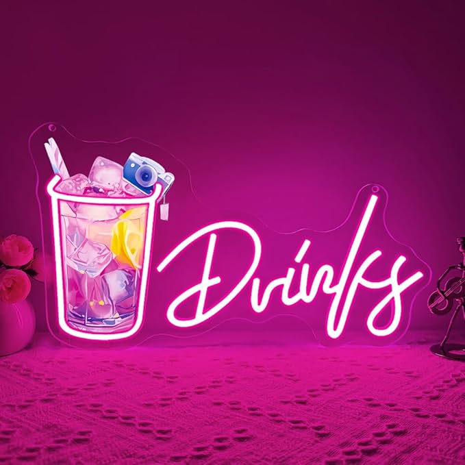 Drinks Neon Signs for Wall Decor,Cool Cocktail Glass LED Sign Art Wall Lights,Lemonade Drinks Neon Signs for Beer Bar Decor,Pub Party,Night Club,Man Cave,Business,Shop
