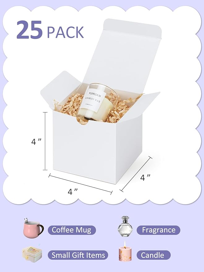 Eupako Gift Boxes 4x4x4 25 Pack White Kraft Paper Box with Lids Party Favor Boxes for Bridesmaids Proposal, Crafting, Cupcake, Wedding, Christmas