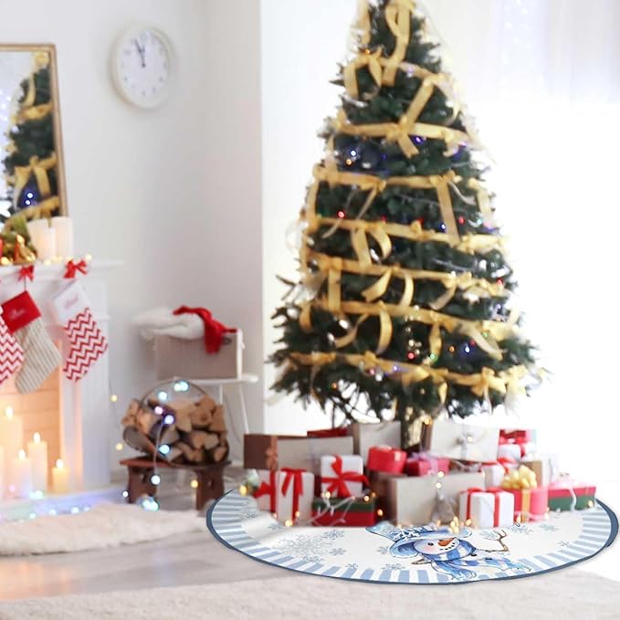 Let It Snow Snowman Christmas Tree Skirt 48 Inches, Blue Snowflake Tree Skirt, Winter Xmas Tree Mat for Home Party Holiday Indoor Outdoor Decorations (Blue, 48in)