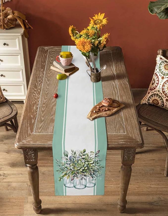 Eucalyptus Cotton Linen Table Runner for Dining Kitchen, Wedding Outdoor Party Tablerunners Decoration, Green Leaves Botanical Plants Watercolor Dresser Scarf Coffee Tablecloth Runners 13x60 Inches