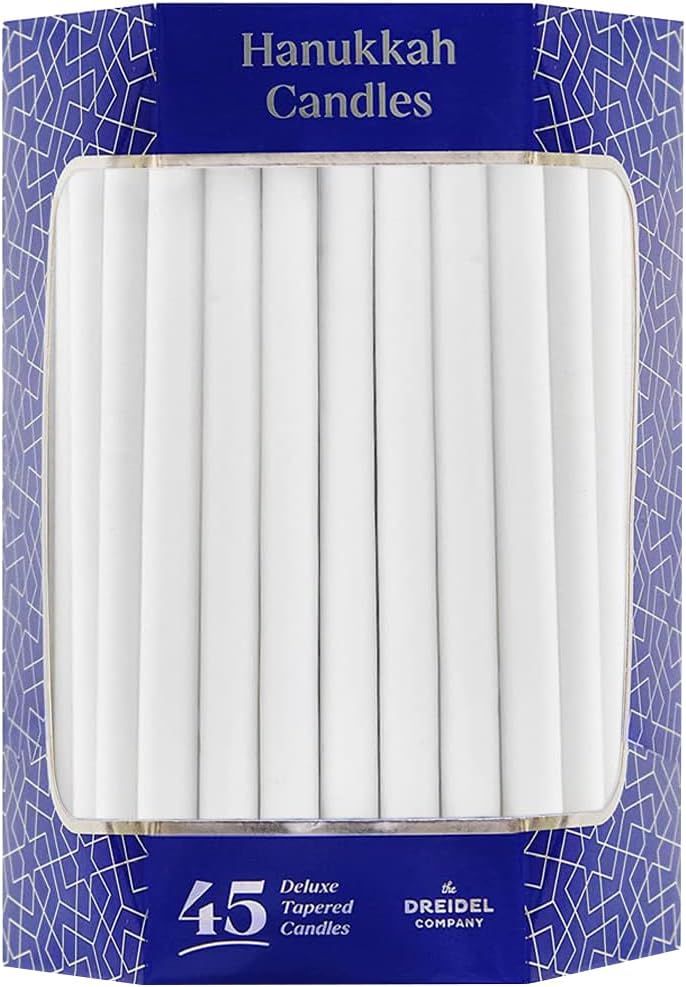 White Deluxe Tapered Hanukkah Menorah Candles for All 8 Nights of Chanukah, 45 Minute Burn Time
