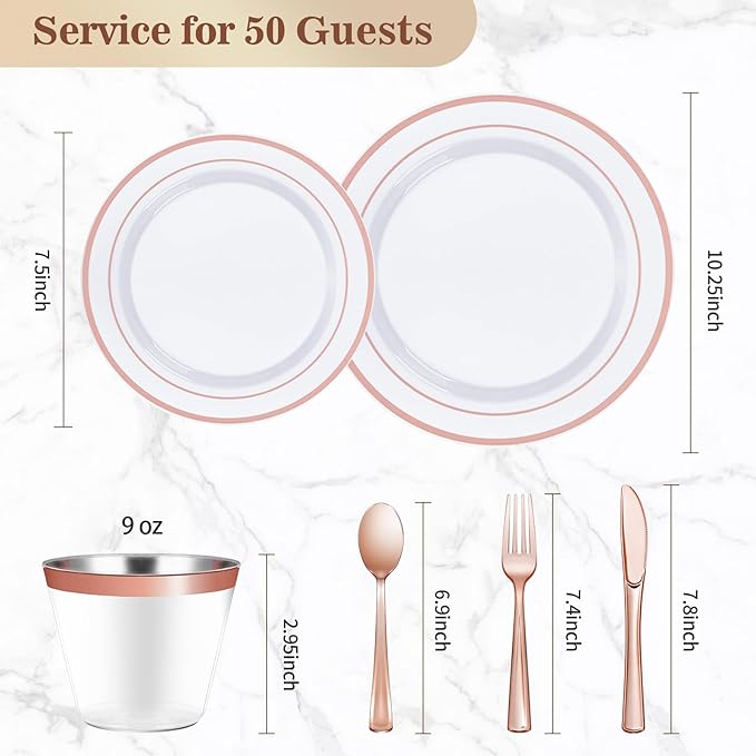 BESTVIP 300PCS Plastic Dinnerware Set (50 Guests), Rose Gold Disposable Plates for Party, Wedding, Christmas, Anniversary, Includes: Dinner Plates, Dessert Plates, Cups, Spoons, Forks and Knives