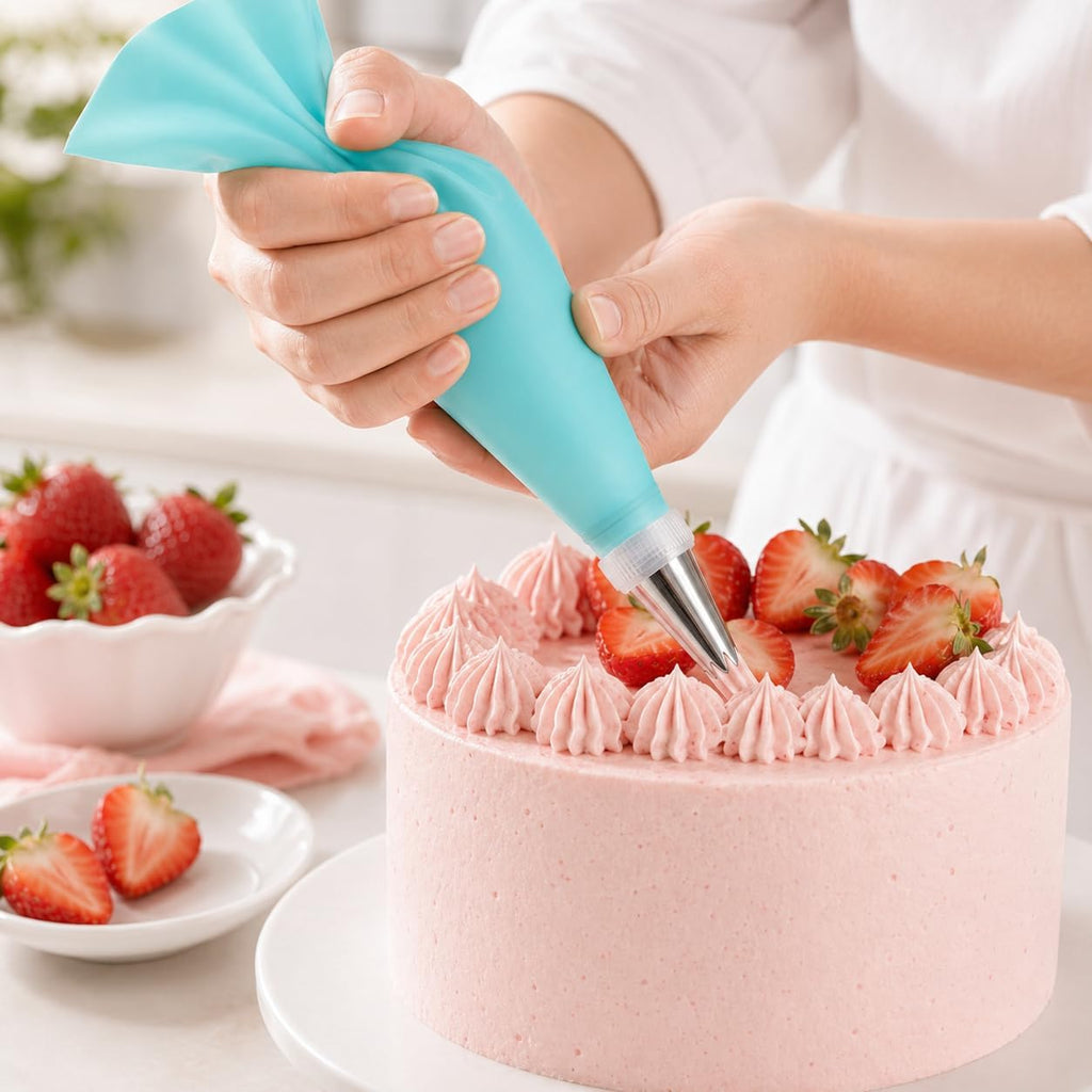 15-Piece Piping Bags and Tips Set, Cake Decorating Kit with 6 Stainless Steel Icing Tips, 2 Reusable Blue EVA Pastry Bags, 2 Couplers, 2 Silicone Ties and 3 Cake Scrapers for Baking