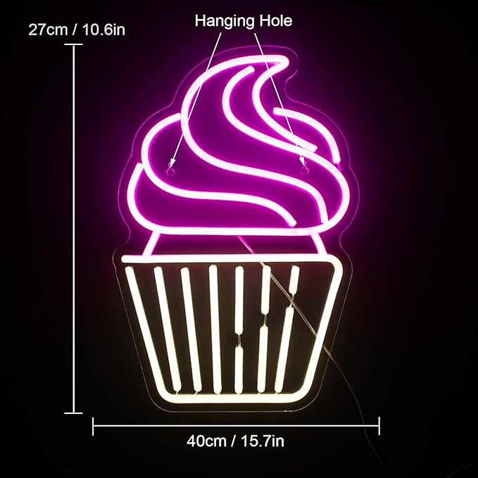 Cupcake Neon Sign Led Pink Warm White Neon Lights for Wall Decor Usb Light Up Signs for Bakery Dessert Shop Resturant Bar Cafe Candyland Party Decorations