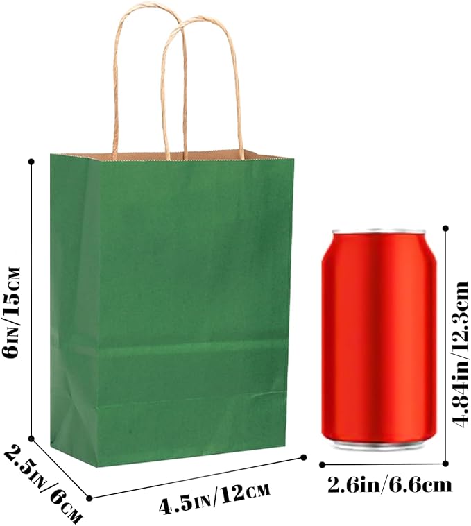 qiqee 50-Packs Kraft Deep Green Paper Gift Bags with Handles Bulk 4.5"x2.5"x6" Mini Size Party Favor Bags Multiple Uses