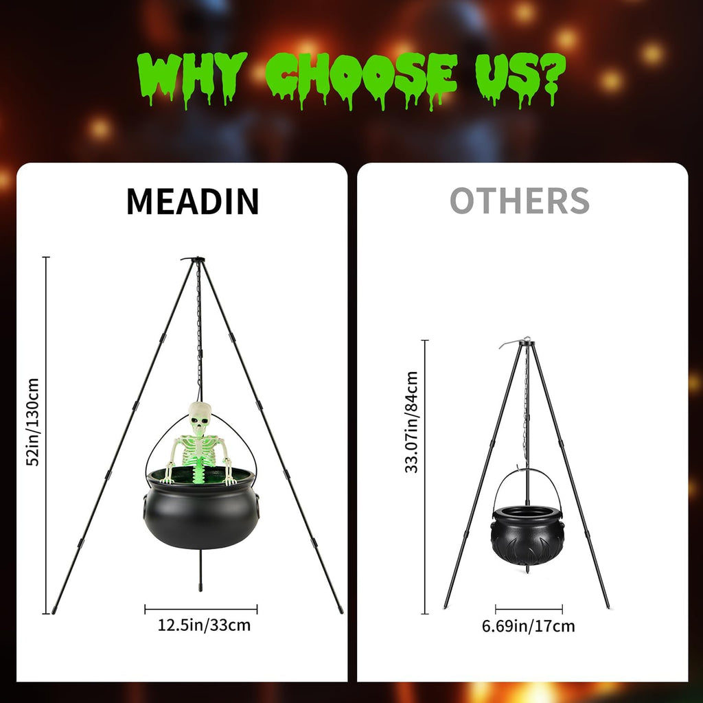 halloween decorations outdoor witch cauldron tripod with fog, side view