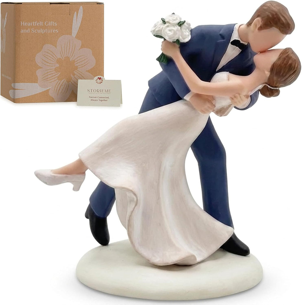 Storieme Wedding Cake Topper Decoration: Bride and Groom Kissing Resin Figurine with Secure Base – Romantic Couple Gifts for Wedding Anniversary & Engagement