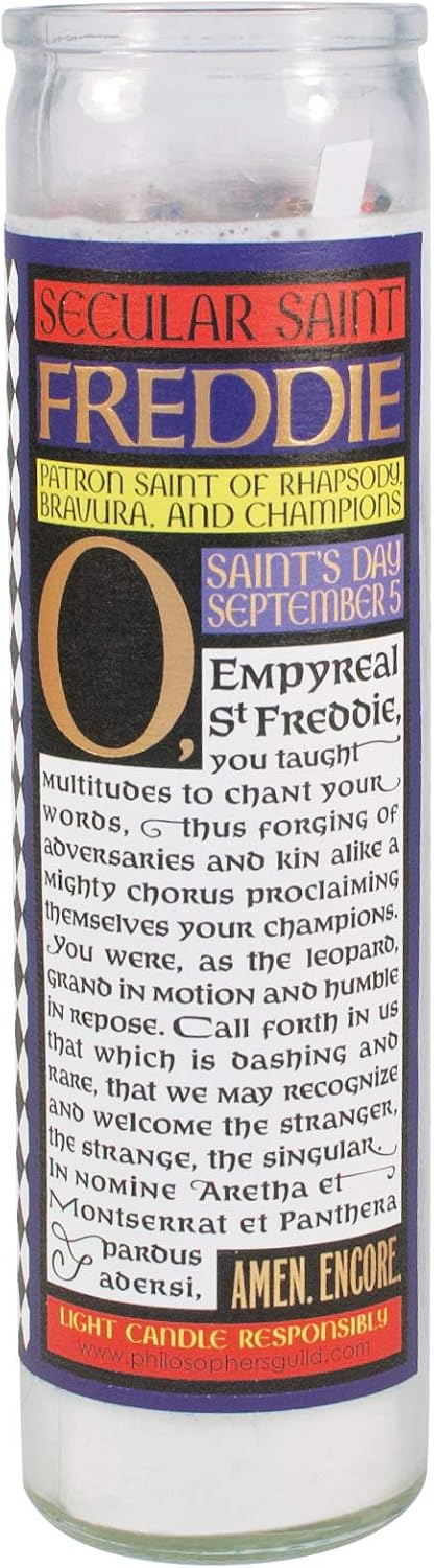 The Unemployed Philosophers Guild Freddie Mercury Secular Saint Candle - Unscented 8 Inch Tall Glass Prayer Votive, Made in the USA, Vegetarian Wax