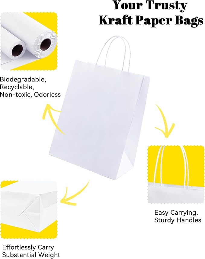 BAG BOX 50 Pack 5.9x3.1x8.25 Inch White Gift Bags with Handles,Bulk Kraft Paper Bags for Shopping, Retail, Merchandise, Wedding, Party Favors, Paper Grocery Sacks