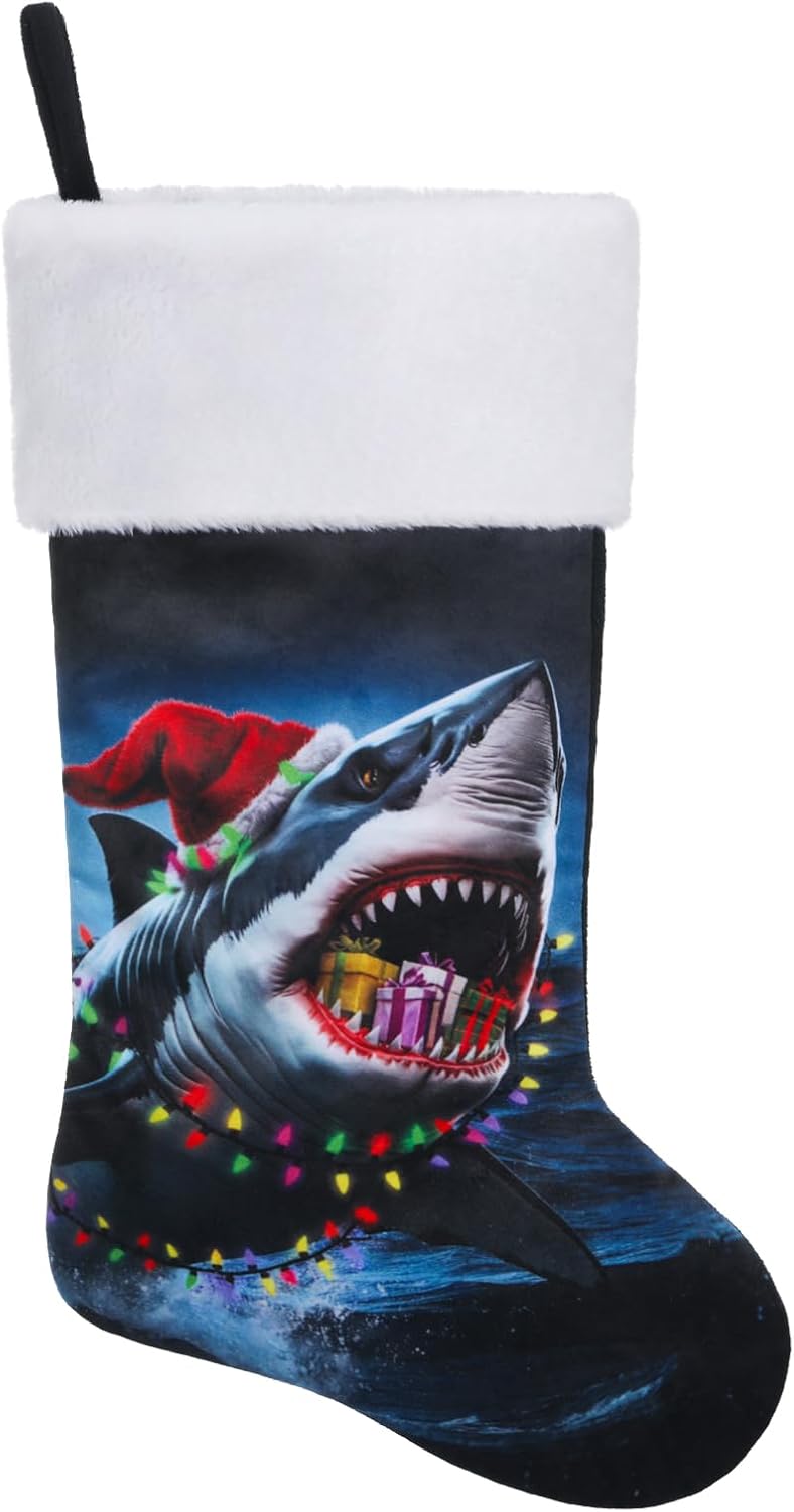 Personalized Shark Christmas Stocking 20 Inch Large, Fireplace Hanging Stockings for Holiday Decor, Ocean Theme Xmas Party Decorations, Home Festive Decor