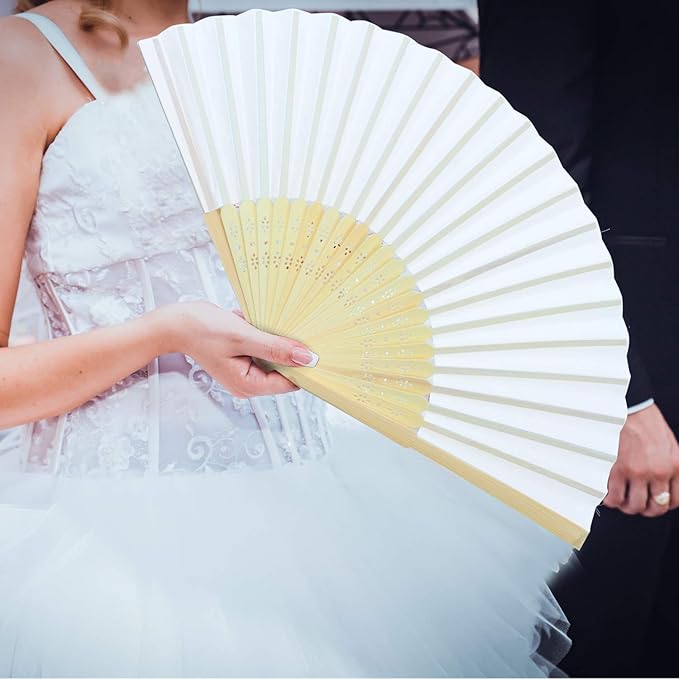 Aneco 18 Pieces White Handheld Cloth and Bamboo Folding Fans for Wedding Decoration, Church Gifts, Party Favors, DIY Decoration
