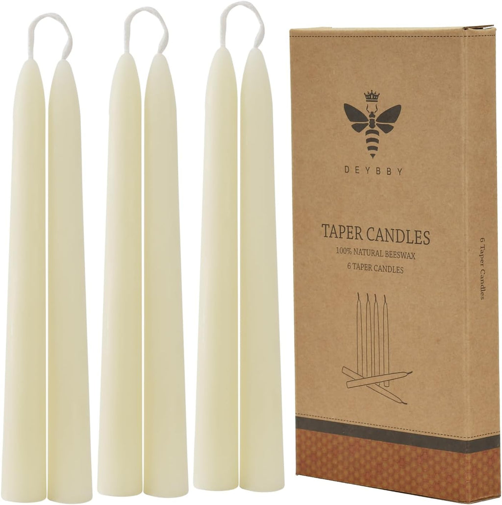 DEYBBY 8 inch Natural White Beeswax Taper Candles Set of 6, Smokeless and Dripless Pure Organic Beeswax Candles Bulk for Anniversary Wedding Dinner Home Decor Emergency Housewarming Gift, 6-7Hrs Burn