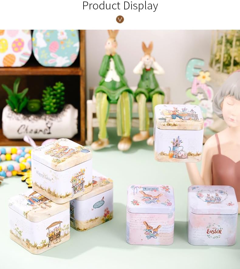 Easter Rabbit Square Metal Storage Tin (Style D) - 2.95" Vintage Bunny & Flower Treat Box, Decorative Small Tinplate Organizer for Candies, Jewelry, Reusable Holiday Keepsake Container & Party Favors