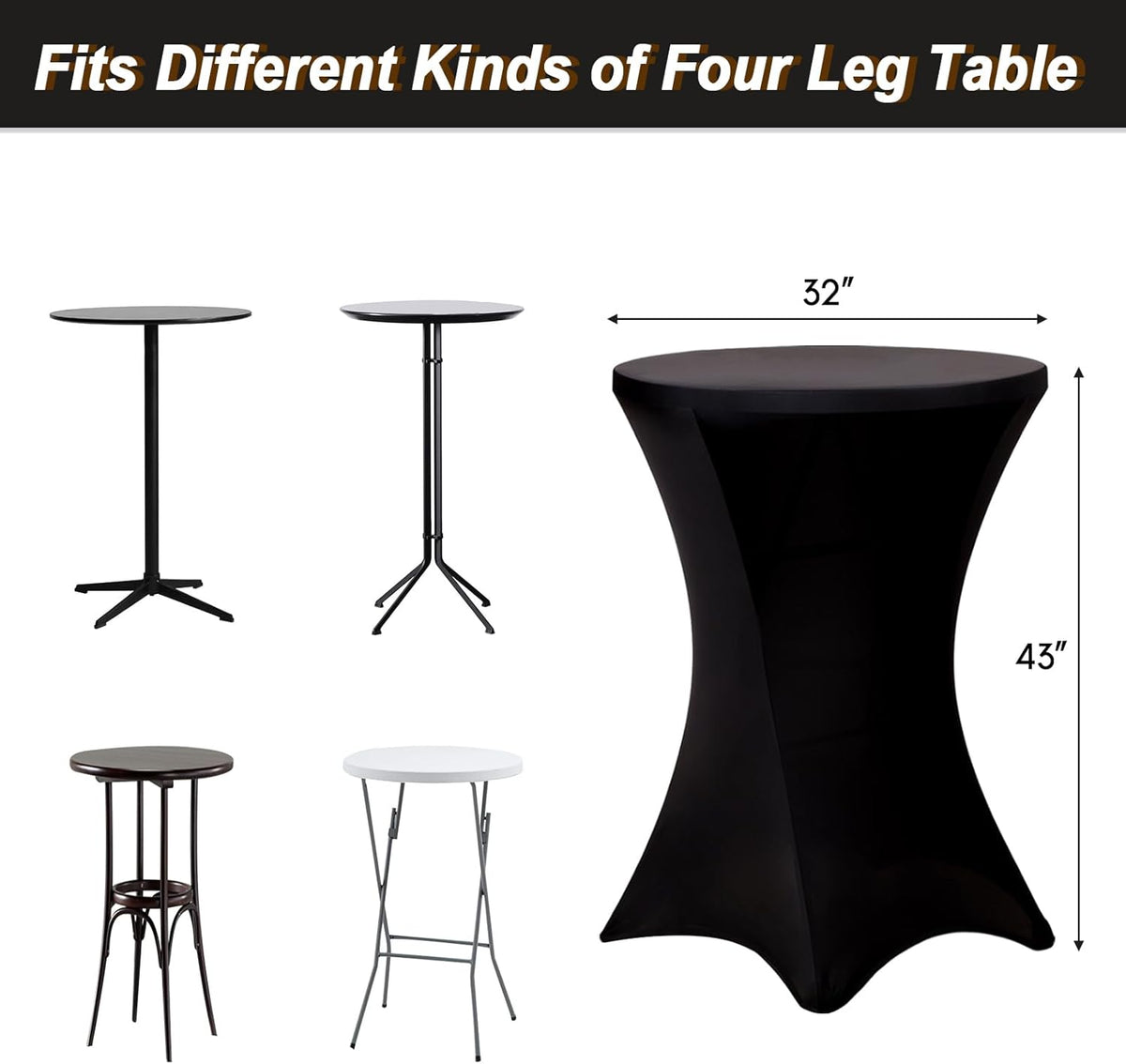 Fixwal 4 Pack Cocktail Tablecloth Bar Top Table Covers Round Black Spandex