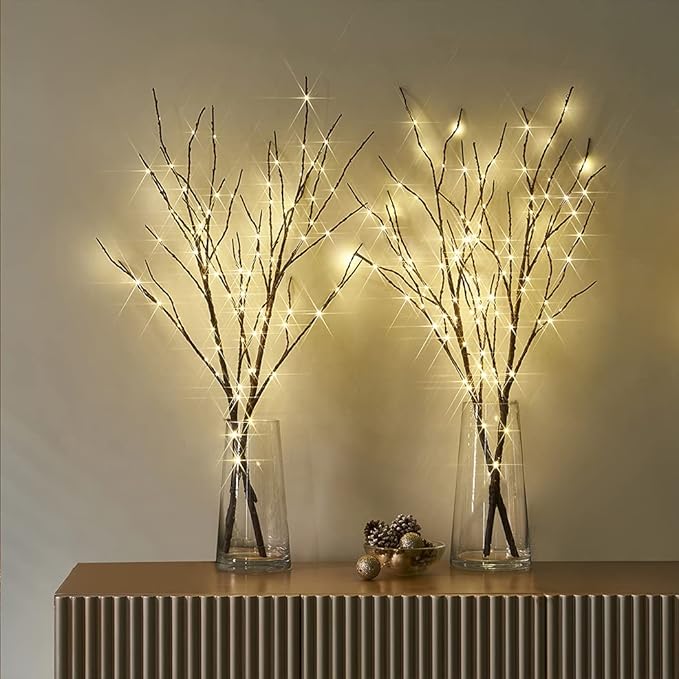 Fudios Branch Lights Battery Operated with Timer 32IN 100 LED, Fake Willow Branches with Fairy Lights for Vase, Lighted Twig Tree Branches Indoor Outdoor Christmas Party Home Decor 2 Set