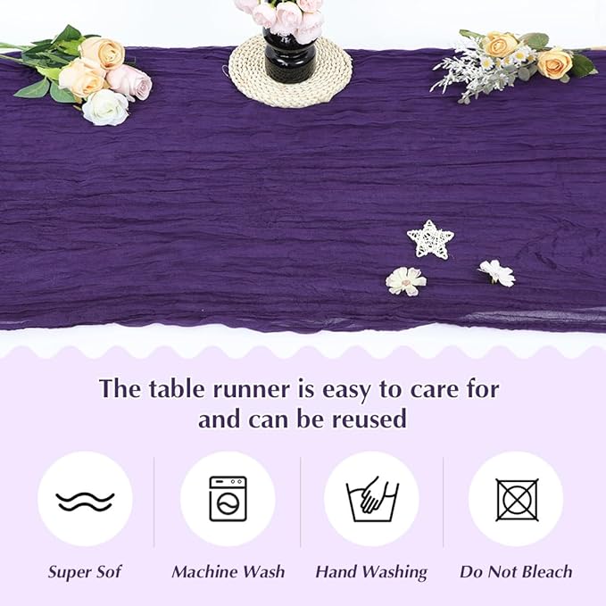 Purple Cheesecloth Table Runner -21*120Inch Long Boho Wedding Table Decor, Rustic Gauze Fabric Runner for Bridal Showers, Baby Showers & Parties (Sheer, Lightweight, Wrinkled Design)