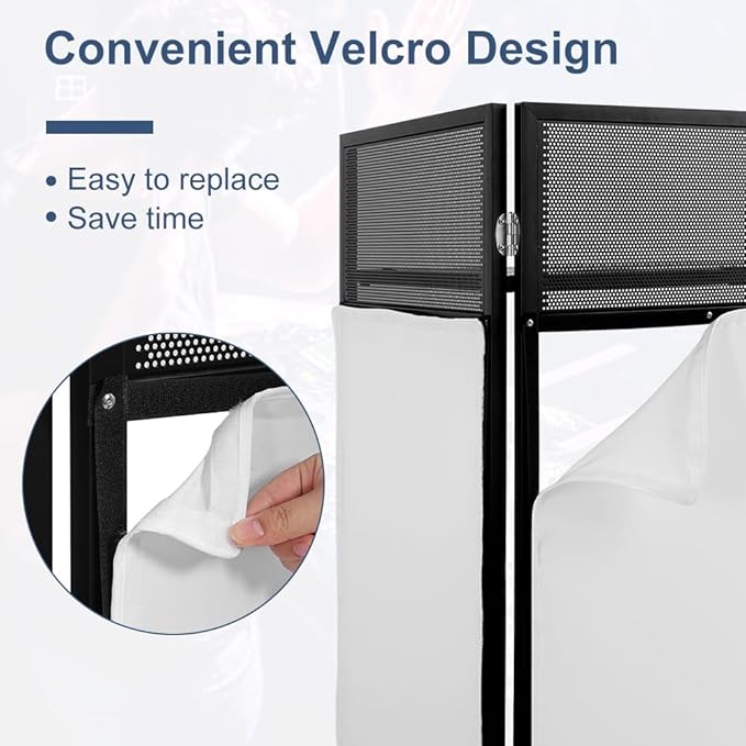 LUCKUP Portable DJ Booth 41"L x 20"W DJ Facade with White & Black Scrim, Foldable DJ Table Station with Adjustable Feet for Party, Black Metal Frame