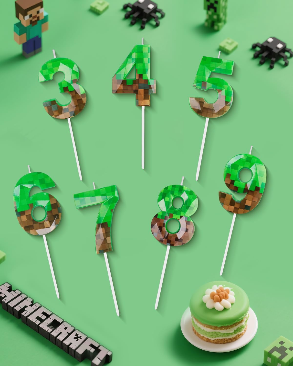Pixel Birthday Candle, 2.68 Inch Miner Number Candles, Game Themed Candle Birthday Decoration for Pixel Theme Birthday Anniversary Dynamite Video Game Party (Green, 6)