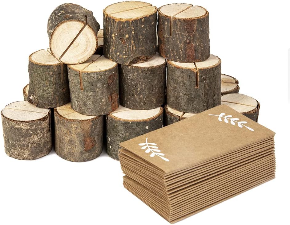Jofefe 20Pcs Wood Place Card Holders and 24Pcs Kraft Table Place Cards, Rustic Table Number Holders, Food Labels, Name Card Photo Picture Holders for Harvest Fall Thanksgiving Wedding Birthday Party.