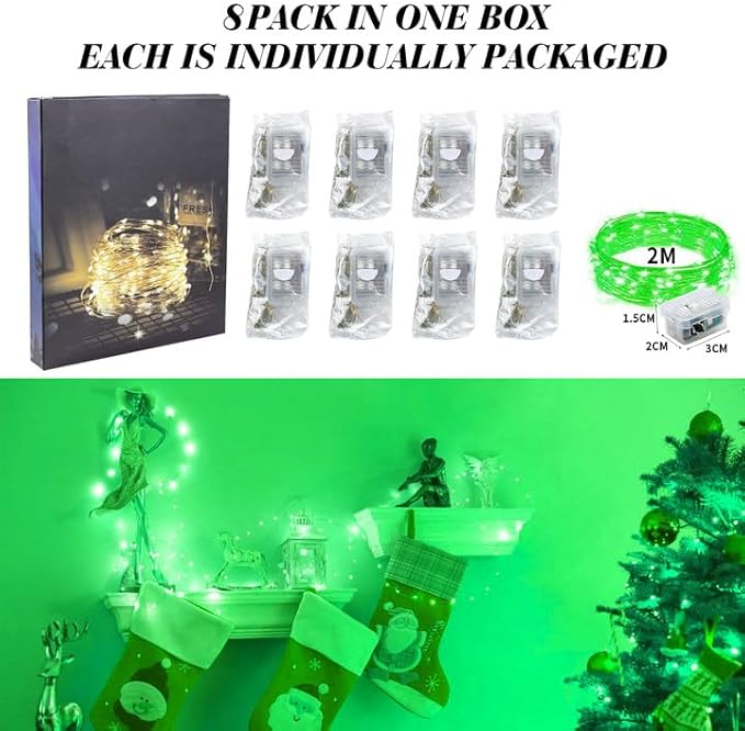 ZGWJ 8 Pack Fairy Lights Battery Operated, 7ft 20 Mini LED Fairy String Lights Silver Wire 3 Modes for DIY, Parties, Wedding, Bedroom, Halloween Christmas Decoration Green
