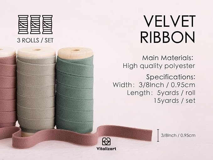 Vitalizart Velvet Ribbon Red Green Set 3/8" x 15 Yd Wooden Spool Fabric Trim 3 Rolls * 5 Yd for Christmas Wreath Decoration Handmade Craft Ornaments Gift Wrapping & Bow Making