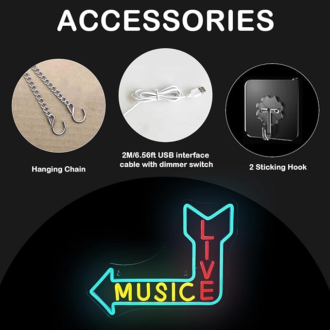 LIVE MUSIC Neon Sign – LED Arrow Neon Light for Wall Decor, USB Powered, for Bedroom, Bar, Studio, Cafe, Game Room, Party, Home Decor Gifts for Music Lovers