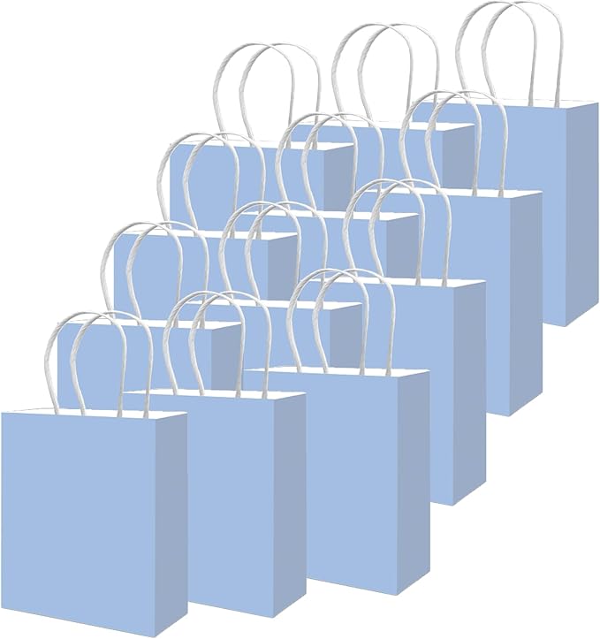 qiqee 50-Packs Gift Bag with Handles Bulk Light Blue Paper Bags Multiple Uses (8.3"x3"x6" Small Size)