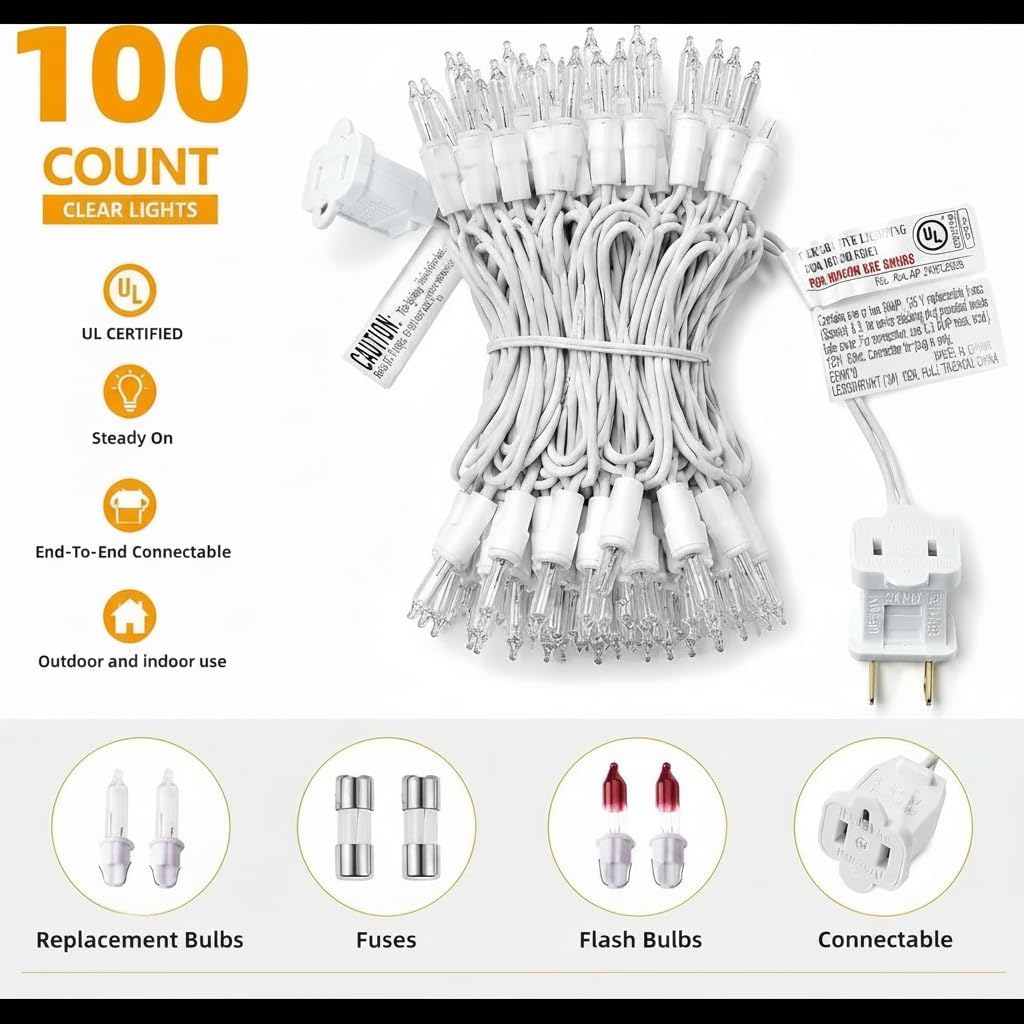 21ft White Wire Clear Bulb String Lights UL Certified | Classic warm glow for Christmas, wedding, patio. UL588 certified. IP44 waterproof. Connect up to 5 sets.