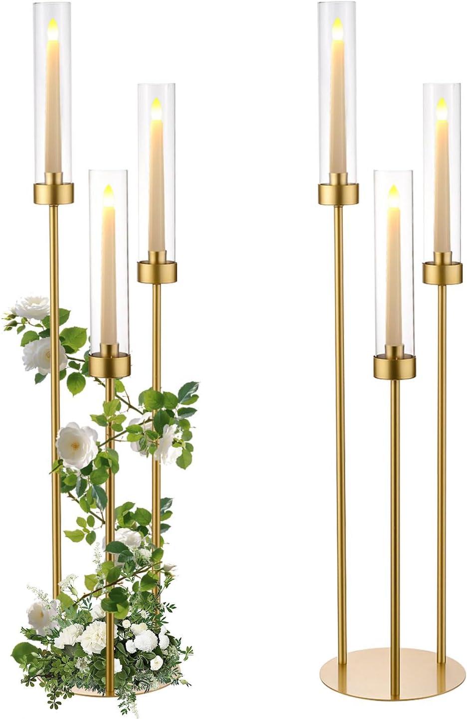 2pcs Gold Candelabra for Table Centerpieces, 33.8'' Tall 3 Arm Candle Holder with Acrylic Lampshade for Wedding Tables, Party, Events, Christmas & Halloween Home Decor, Fit LED Taper Candles