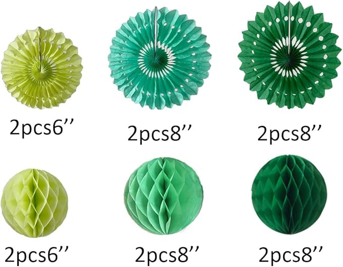 12pcs 6’’ 8’’ Honeycomb Balls Tissue Paper Fans Party Honeycomb Ball Fans Wall Decorations Tissue Pom Poms Flower Balls Hanging Paper Fans for Party Baby Shower Birthday Wedding Nursery(Green kit)