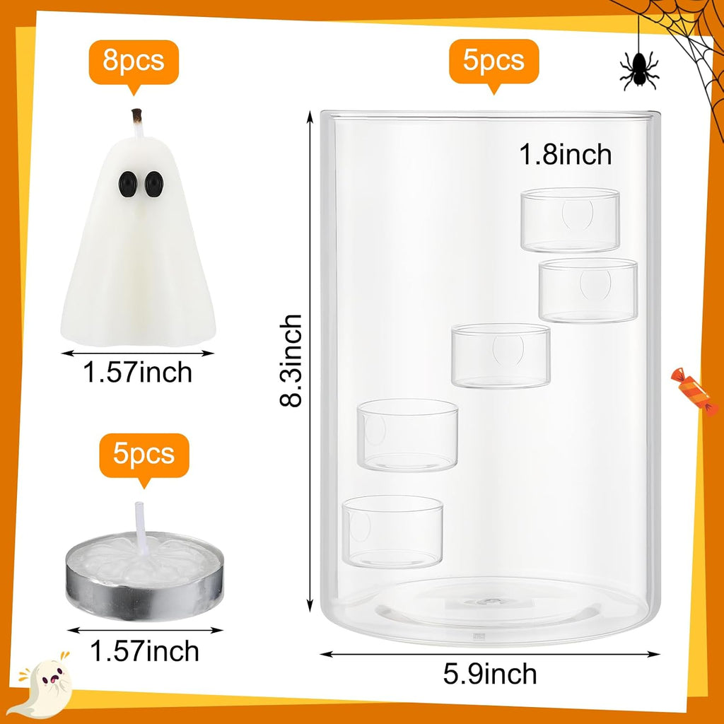 Reallnaive Halloween Glass Hurricane Candle Holder with Candles and Tea Light Clear Cylinder Pillar Candle Holder for Halloween Table Centerpiece Decorations (13 Candles,Single Style)