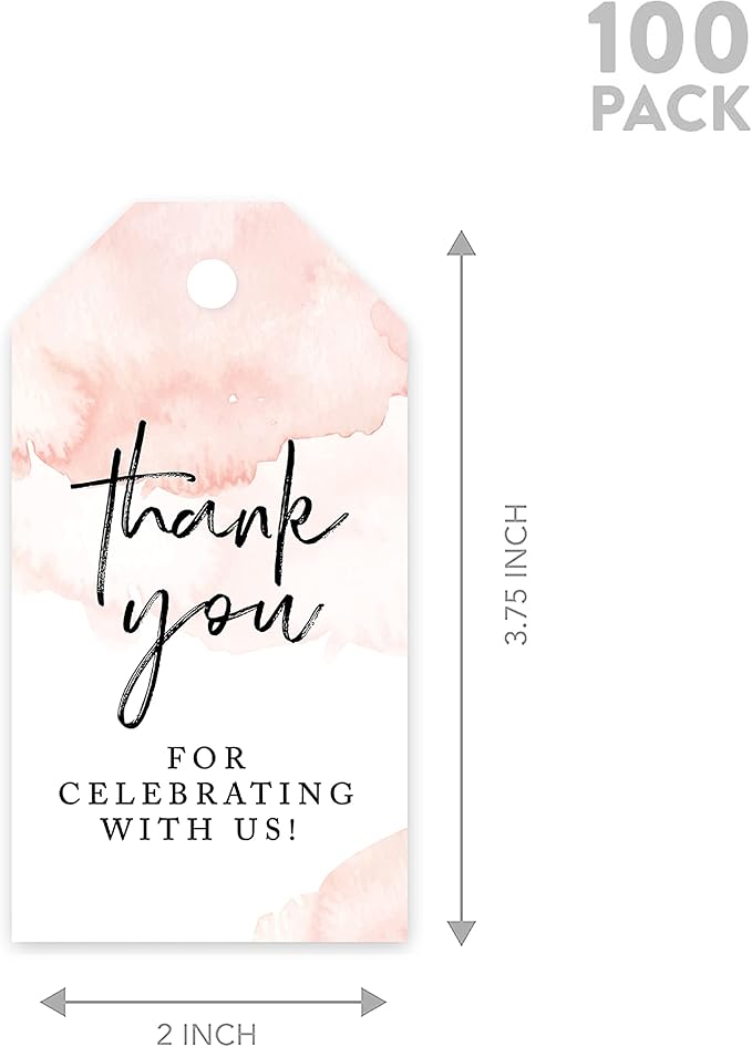 Andaz Press 100-Pack Thank You for Celebrating with Us Favor Tags Coral Brushed Watercolor Cardstock Gift Tags with Bakers Twine for Wedding Baby Shower Bridal Shower Party Favors 2 x 3.75-Inches