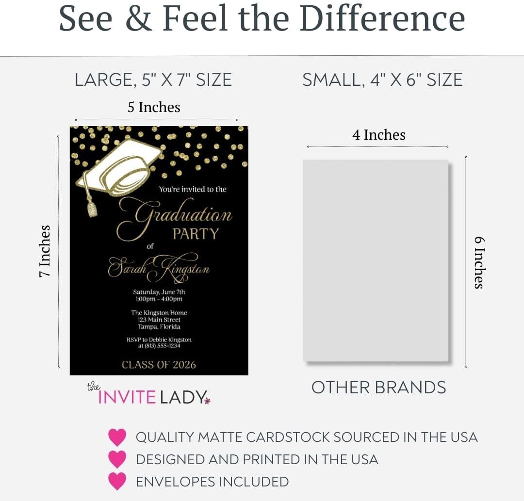 Graduation Invitations Black And Gold, Grad Cap Confetti Invite | Set of 12 | Customizable High School College Announcement Invites With Envelopes