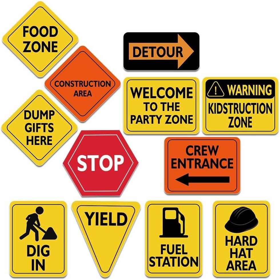 WERNNSAI 12 PCS Construction Party Decorations - Under Construction Birthday Party Supplies with Traffic Road Signs Cutouts for Boys Kids Truck Theme Birthday Baby Shower Wall Decor