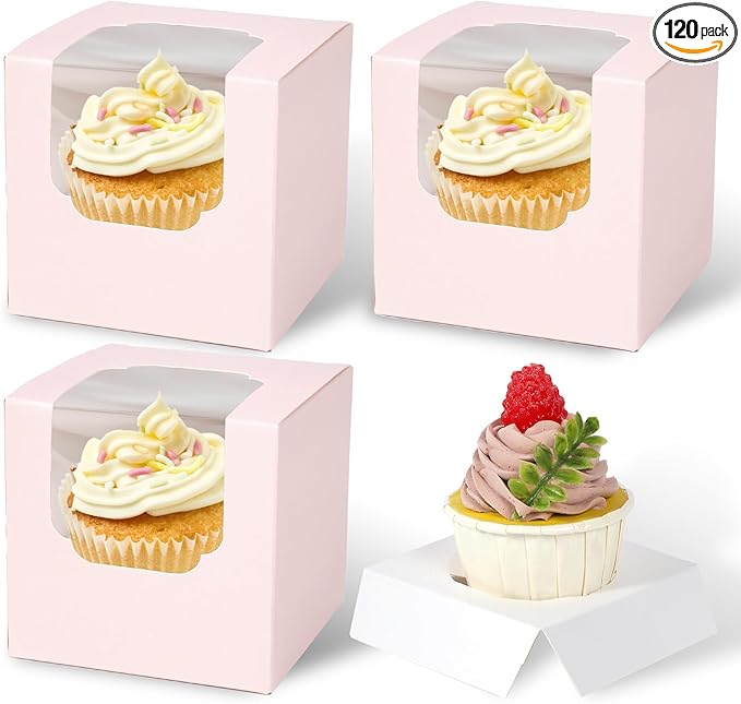 JCD 120 Pcs Individual Pink Cupcake Box with Insert, Cupcake Boxes Auto-pop up Individual Cupcake Container Brown PINK 3.5" x 3.5" x 3.5" Single Cupcake Boxes(Pink/120Pcs)
