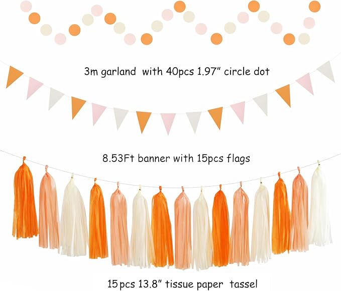 Orange-Beige Peach Fall-Boho Thanksgiving Party-Decorations - 31pcs Autumn Friendsgiving Banner,Streamers Tassel Garland,Birthday Tissue Pom Poms, Paper Lantern Fans,Bridal Shower Hanging Decor Hugtmr
