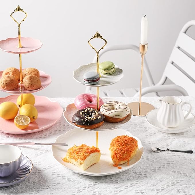 Sweejar 3 Tier Ceramic Cake Stand Wedding, Dessert Cupcake Stand for Tea Party Serving Platter(Rose White)
