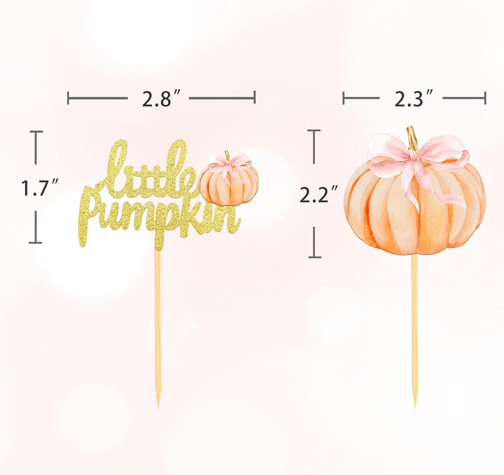 24 Pcs Pumpkin Cupcake Toppers, Thanksgiving Birthday Baby Shower Bow Fall Theme Party Decorations Gender Reveal Supplies (bow pink)
