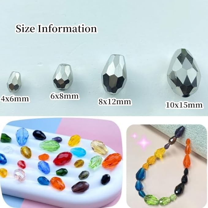 130pcs 6x8mm Teardrop Crystal Glass Beads Vertical Hole Faceted Glass Teardrop Spacer Beads for Bracelets Necklace Earring DIY Jewelry Making Craft(Silver)