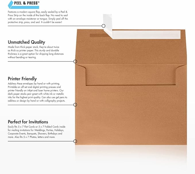 LUXPaper A7 Invitation Envelopes | Peel & Press | 5 1/4" x 7 1/4" | Copper Metallic | 80lb. Text | 500 Qty