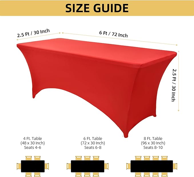 6-Pack 6ft Red Spandex Table Covers for Rectangle Standard Folding Tables - Wrinkle Resistant Stretch Tablecloths - Ultimate Fitted Table Protector for Parties, Trade Shows, Wedding