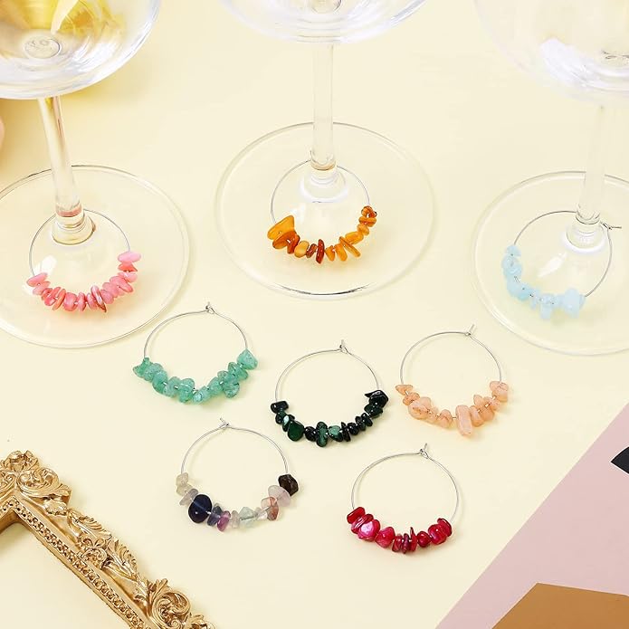 Pride & Par 24 Pcs Nature Gemstone Beads Glass Charms for Stem Glasses, Wine Glass Decoration for Weddings, Parties